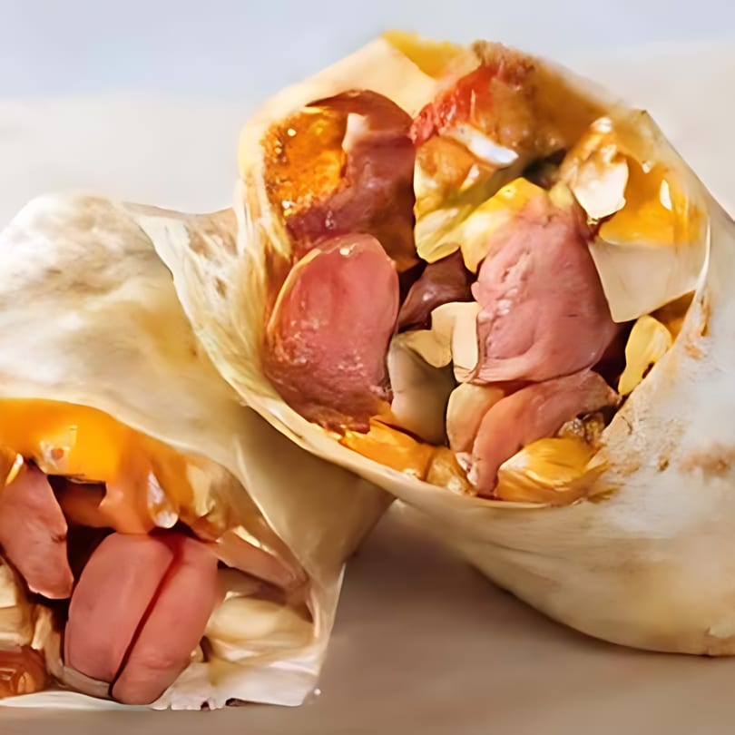 Two Dos Reales Latin Kitchen burritos, filled with meat, cheese, and sauce, on a light background.